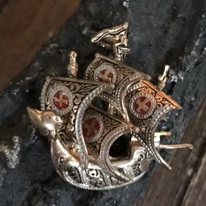 Antique brass Viking ship brooch